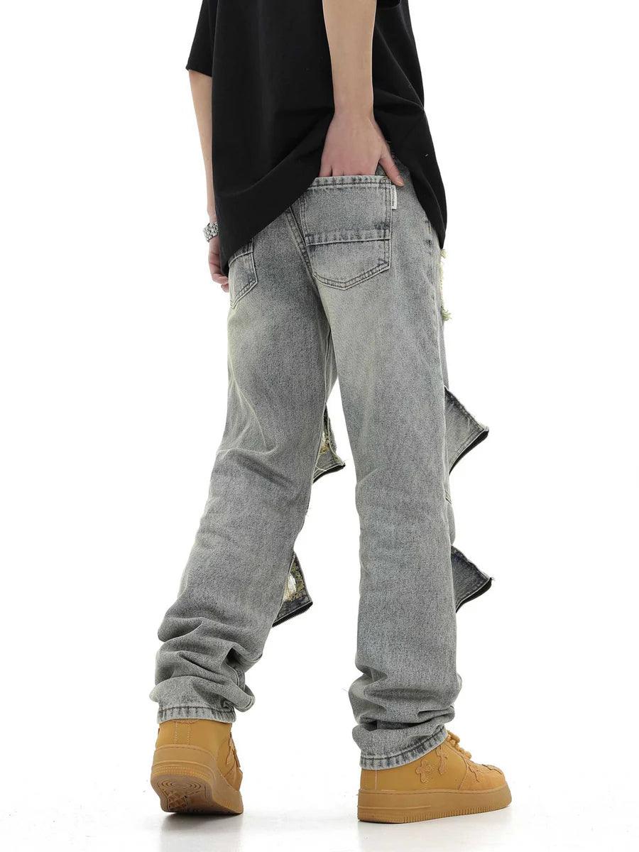 Torn Work Pockets Streaight Denim Pants