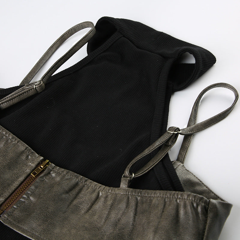 Zwoyren Faux Leather Patchwork Tank Top