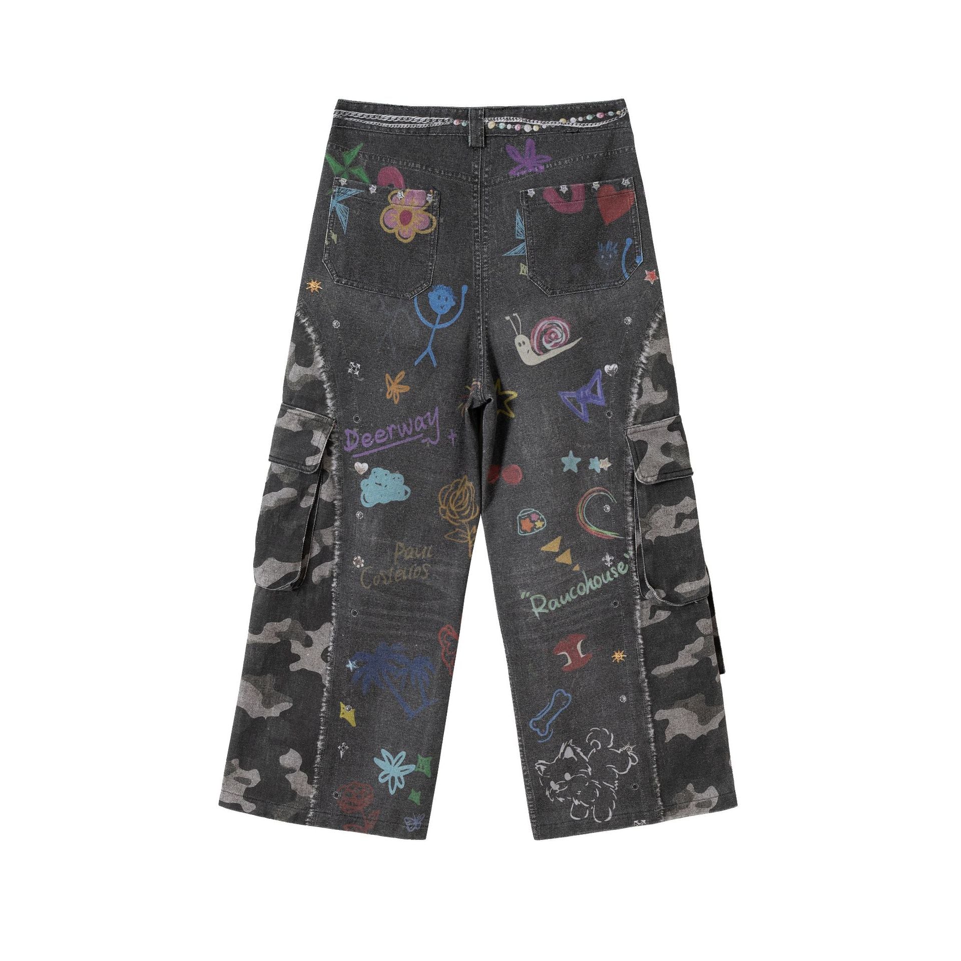 Zwoyren Graffiti Print Camouflage Layered Cargo Jeans