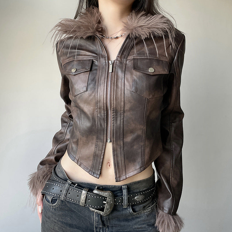 Zwoyren Vintage Furry Paneled Faux Leather Jacket