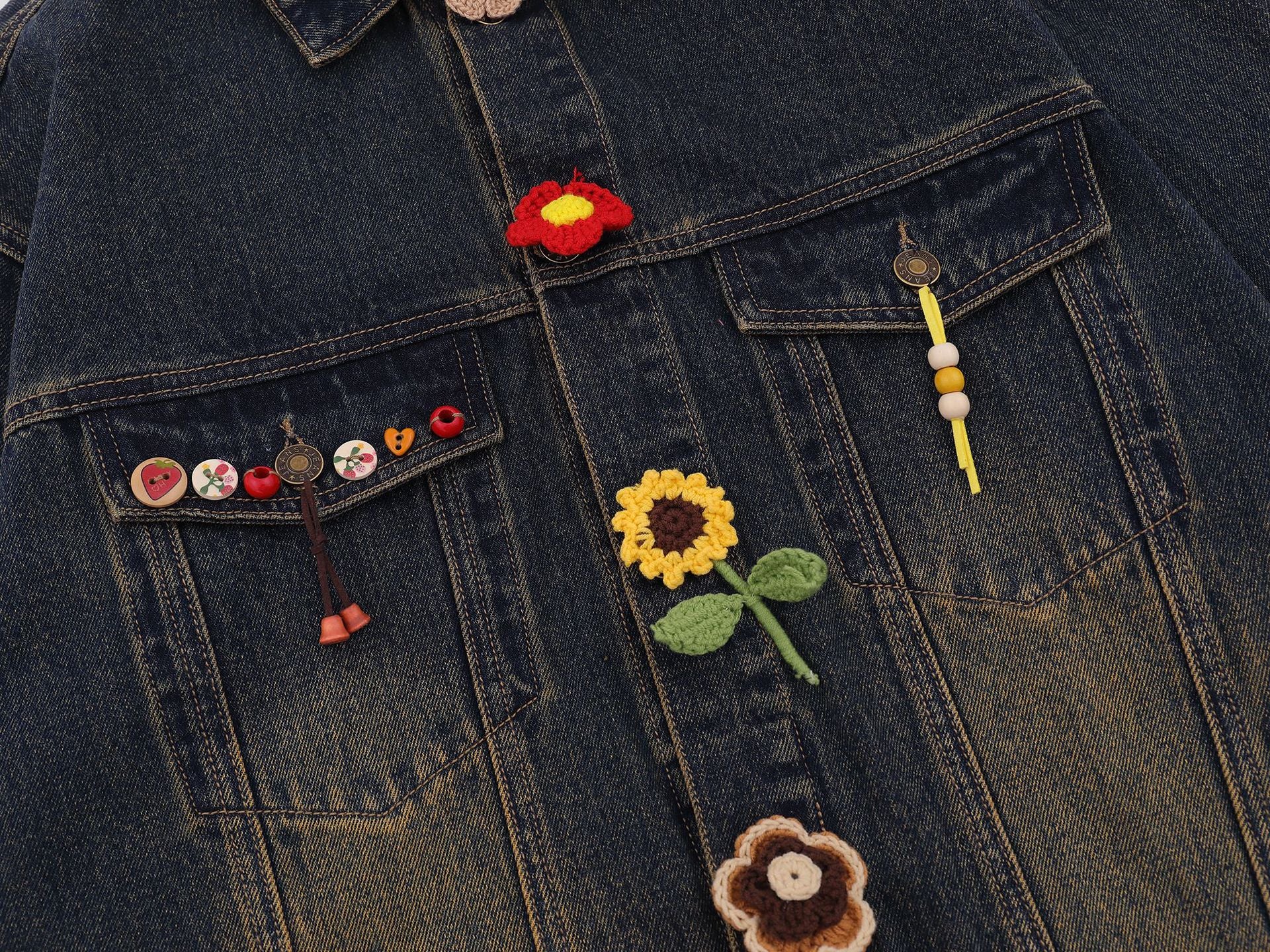 Zwoyren Crochet Floral Washed Denim Jacket