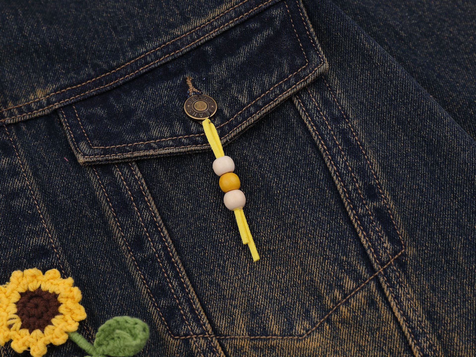 Zwoyren Crochet Floral Washed Denim Jacket