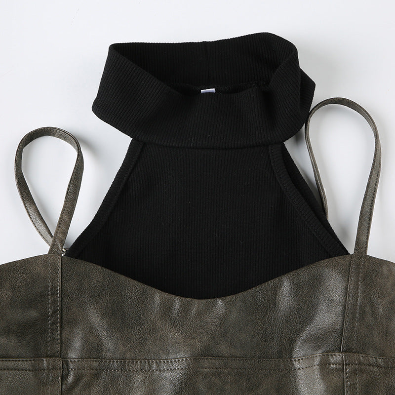Zwoyren Faux Leather Patchwork Tank Top