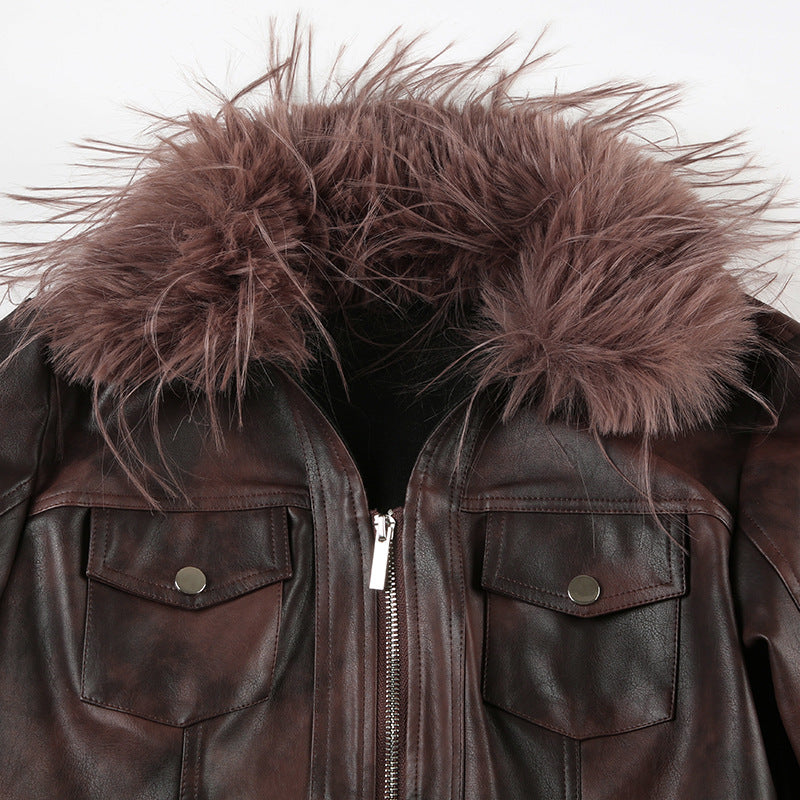 Zwoyren Vintage Furry Paneled Faux Leather Jacket