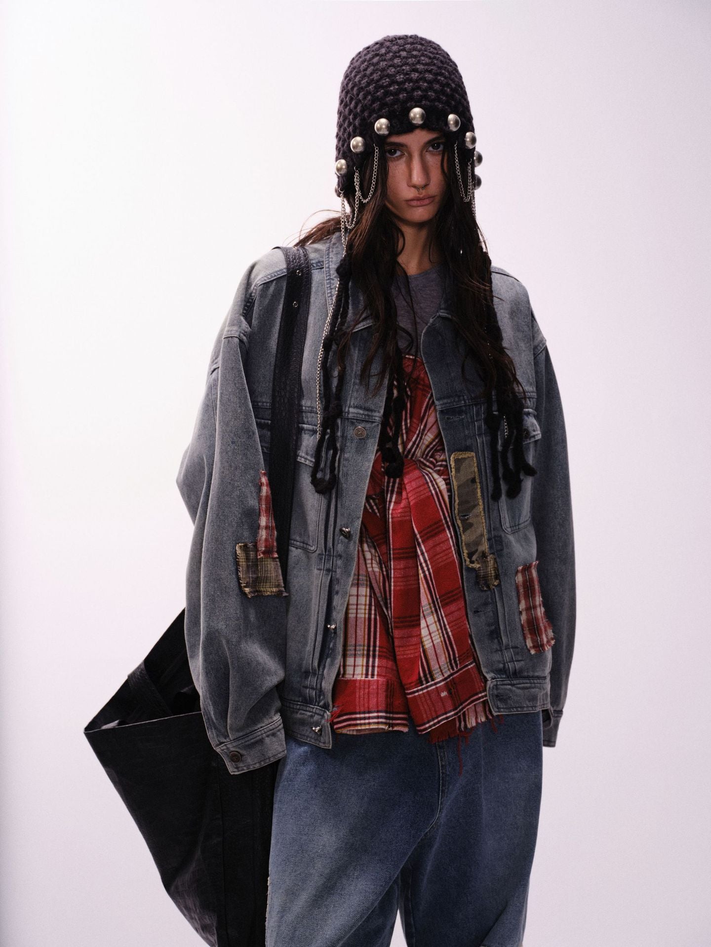 Zwoyren Plaid Patchwork Washed Denim Jacket