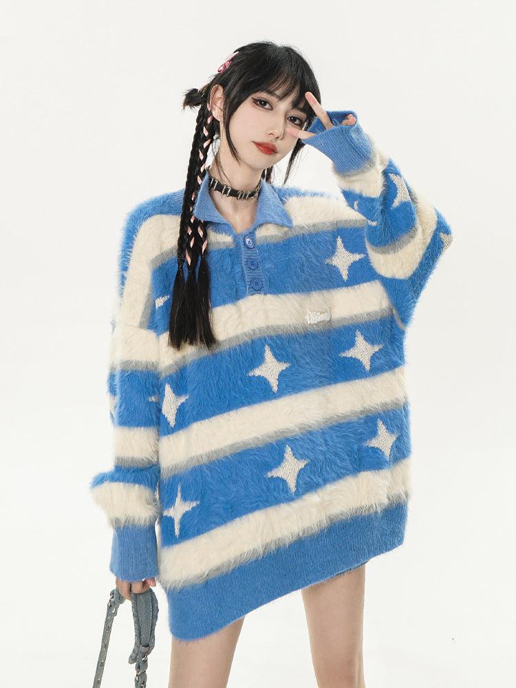 Padded Striped Star Lapel Sweater