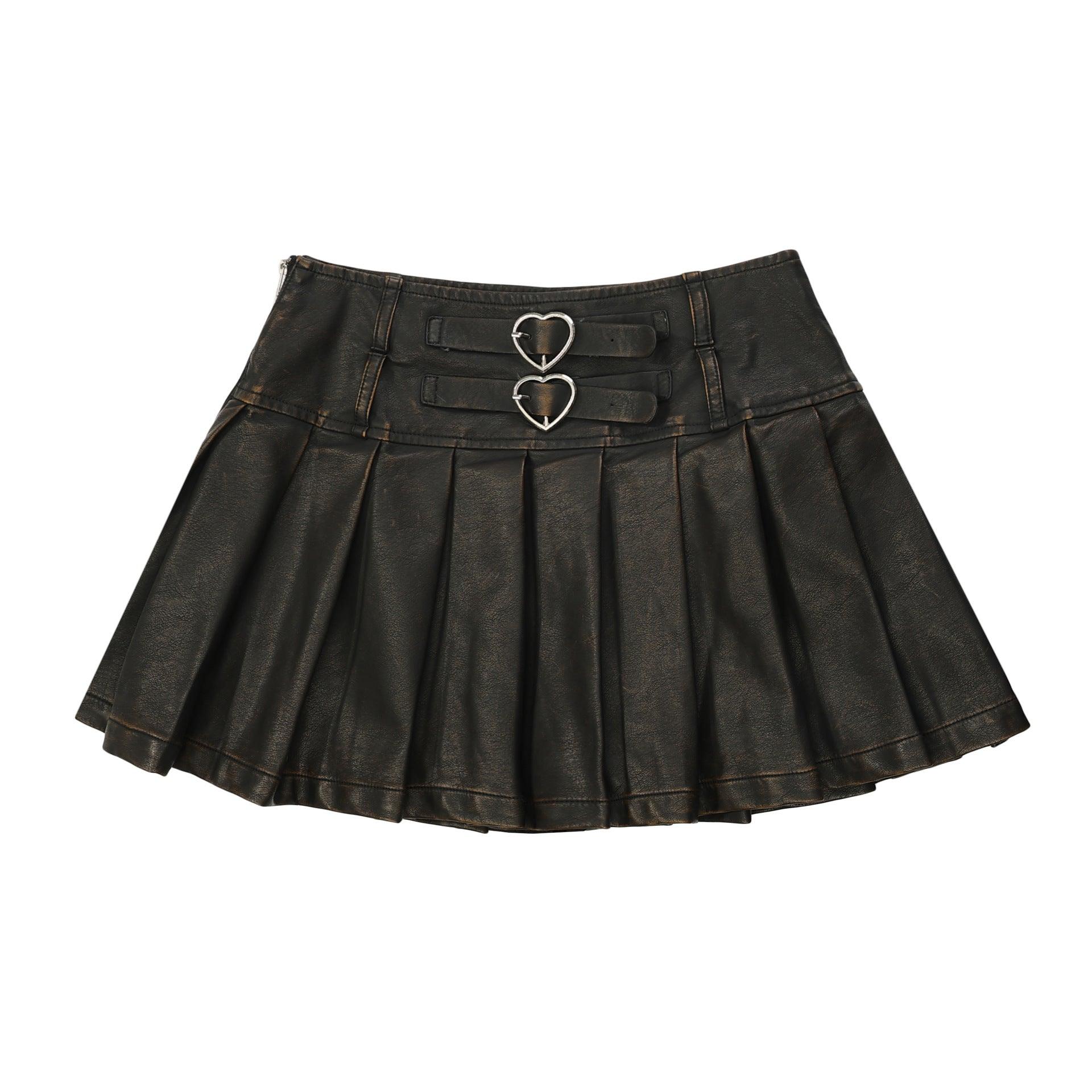 Heart Belt Faux Leather Pleated Skirt