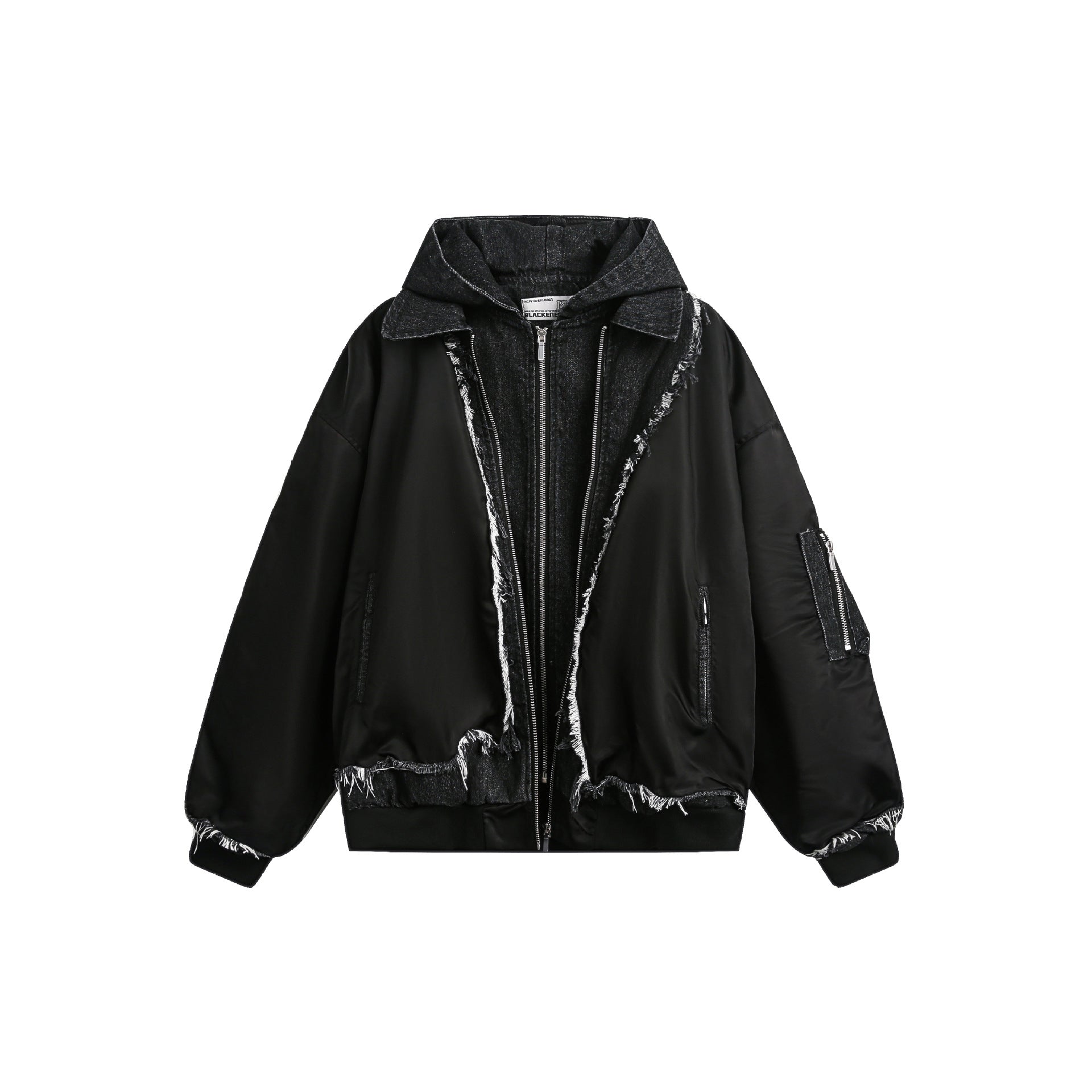 Zwoyren Raw Edge Spliced Hooded Denim Jacket