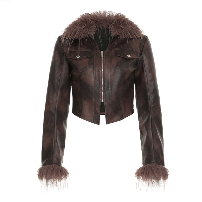 Zwoyren Vintage Furry Paneled Faux Leather Jacket