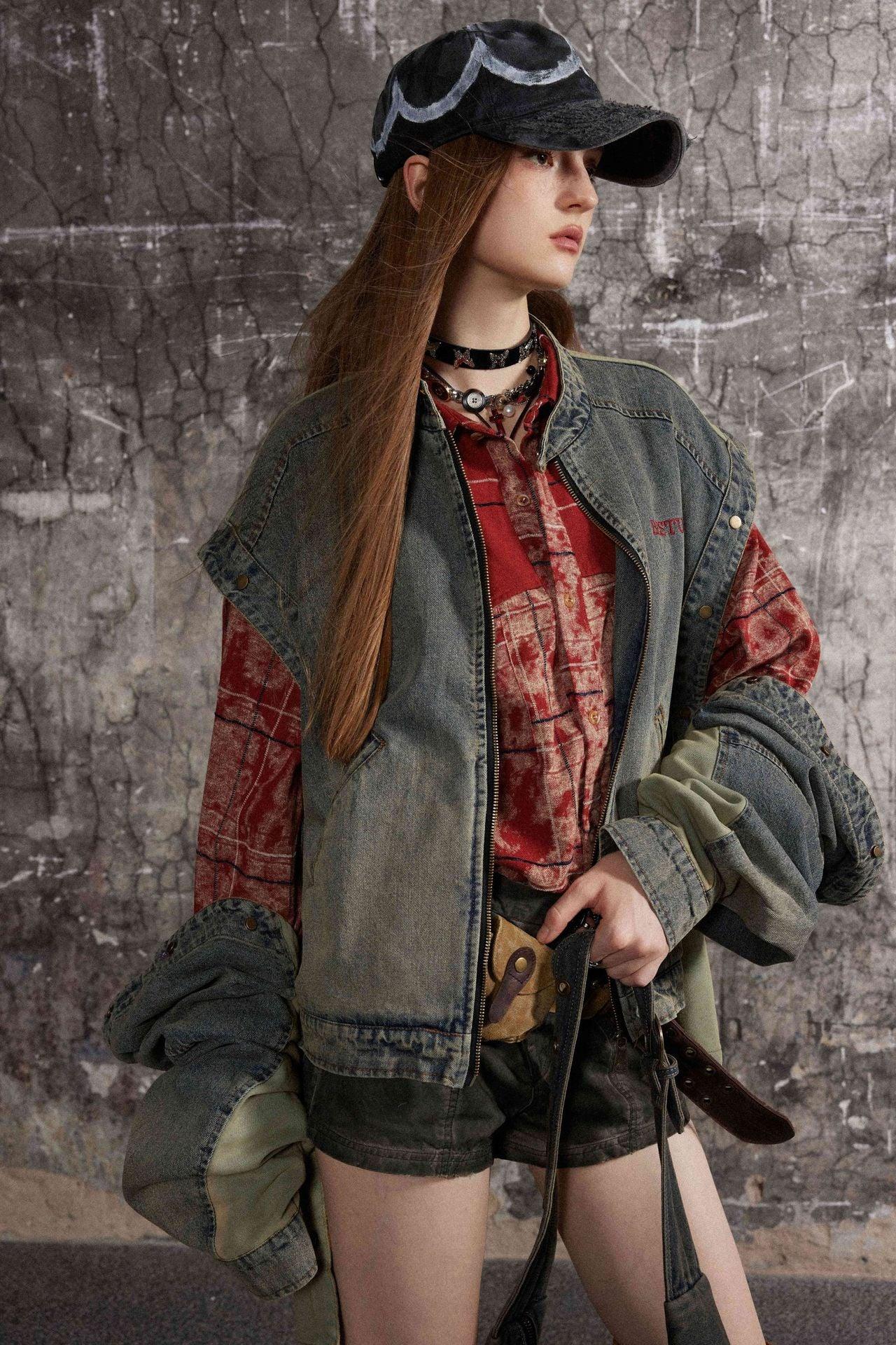 Detachable Sleeves Patchwork Denim Jacket