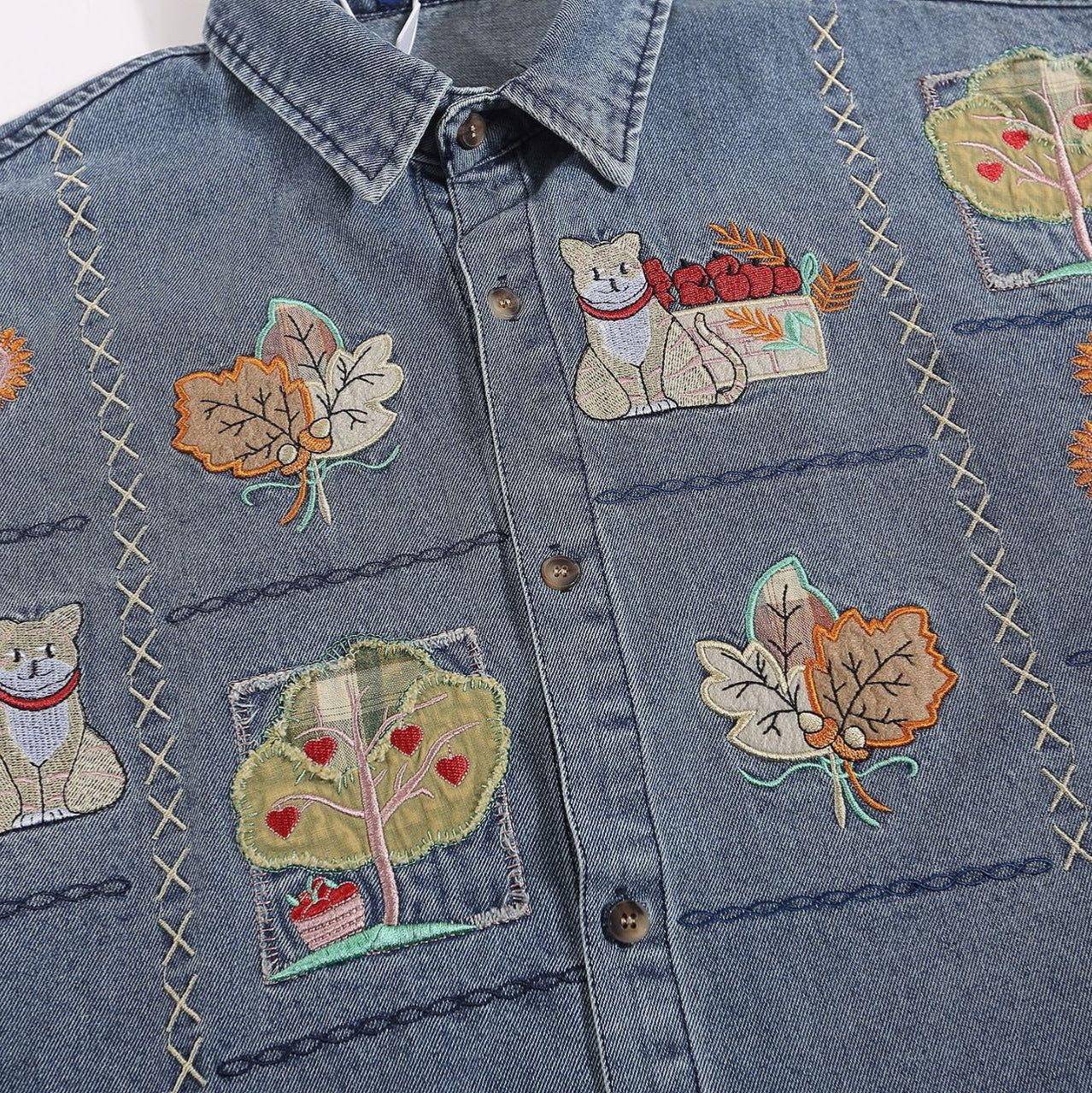 Zwoyren Cartoon Embroidery Denim Long Sleeve Shirt