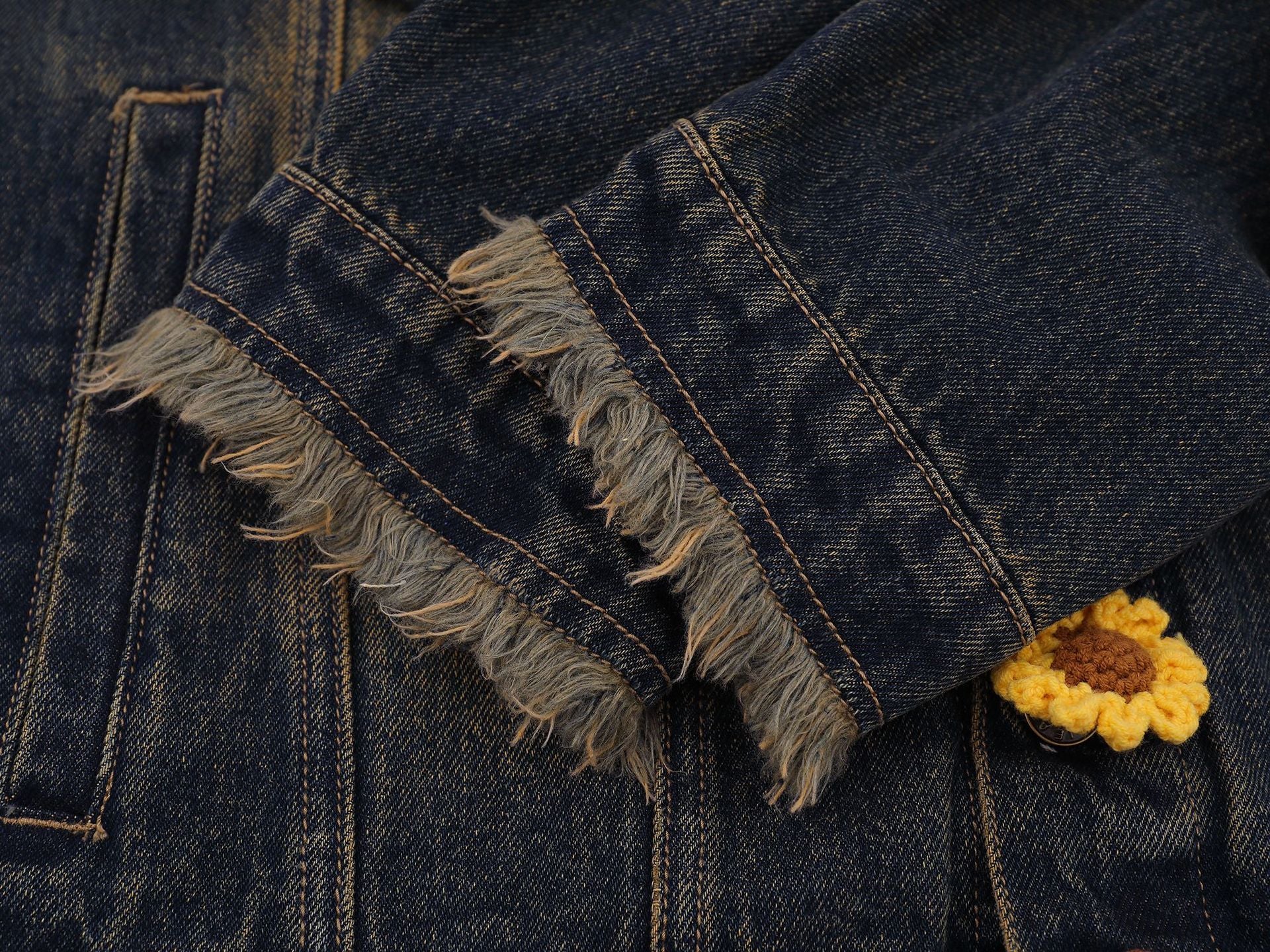 Zwoyren Crochet Floral Washed Denim Jacket