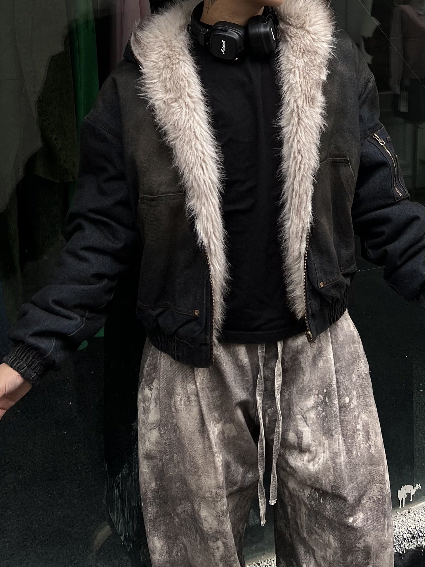 Zwoyren Washed Denim Fur Hooded Jacket