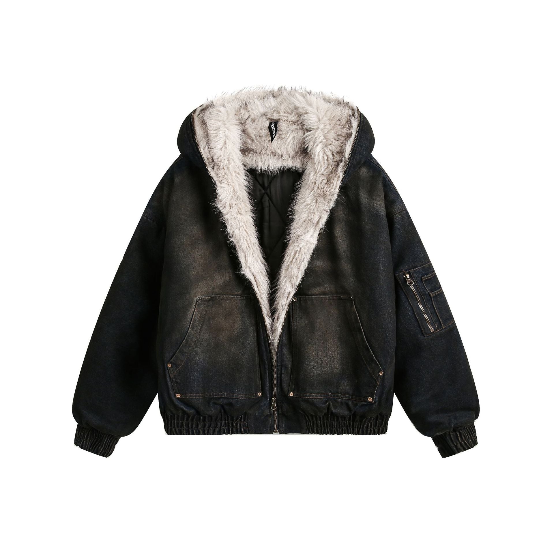Zwoyren Washed Denim Fur Hooded Jacket