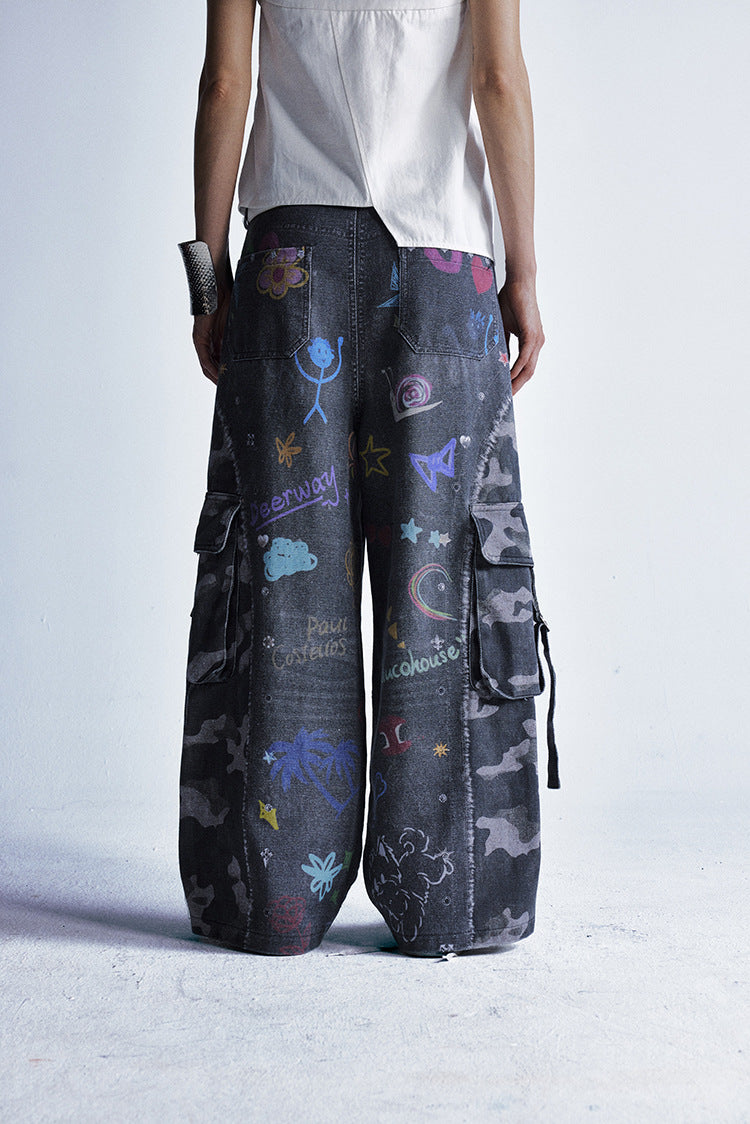 Zwoyren Graffiti Print Camouflage Layered Cargo Jeans