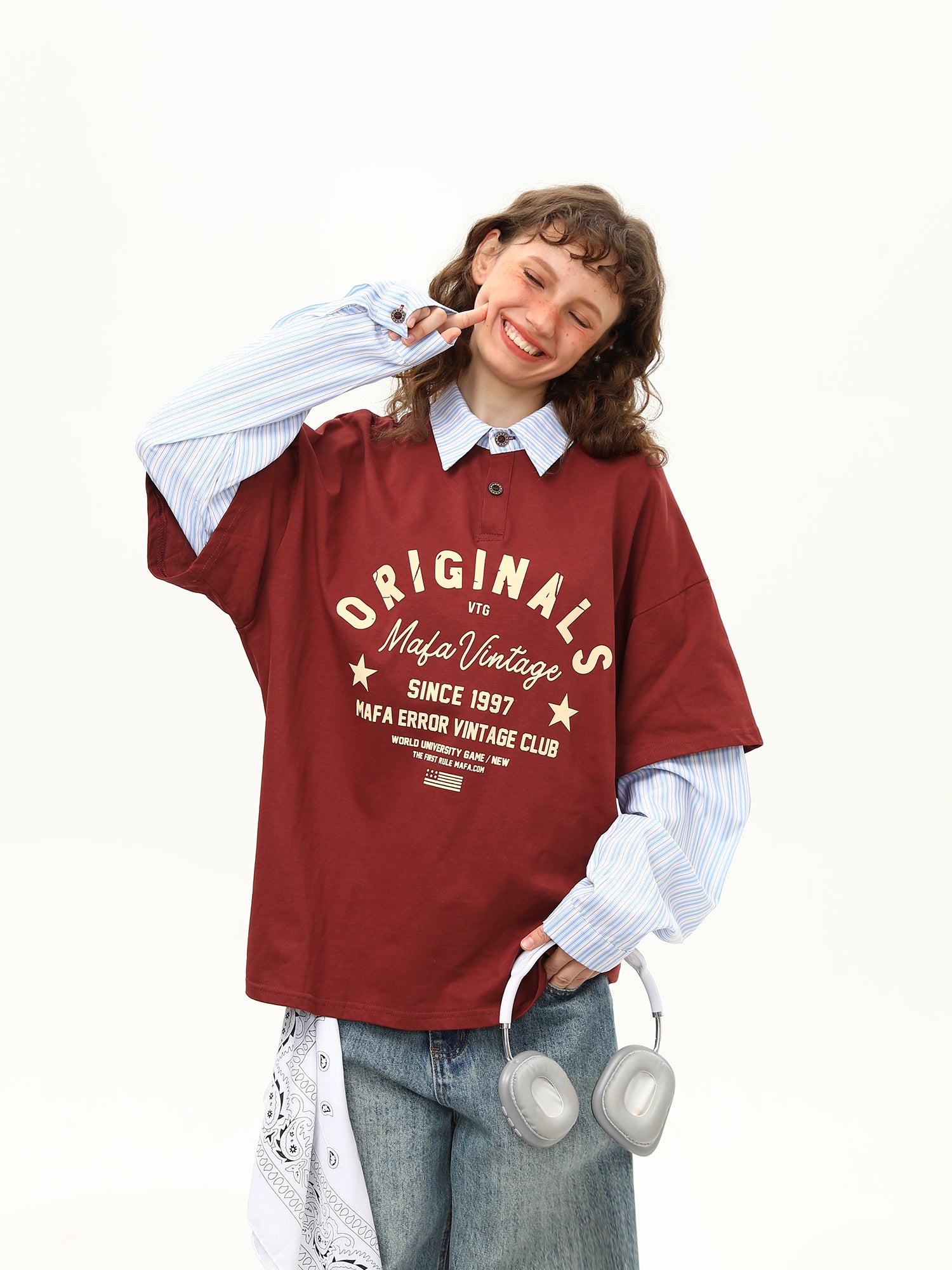 Zwoyren Pinstripe Faux-Layered Polo Long Sleeve Tee