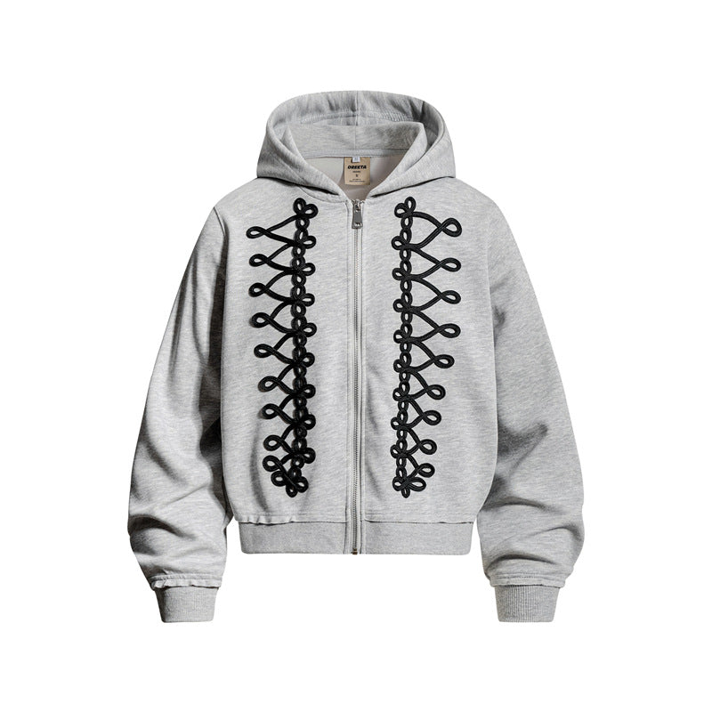 Zwoyren Lace-Up Embroidery Zip Up Hoodie