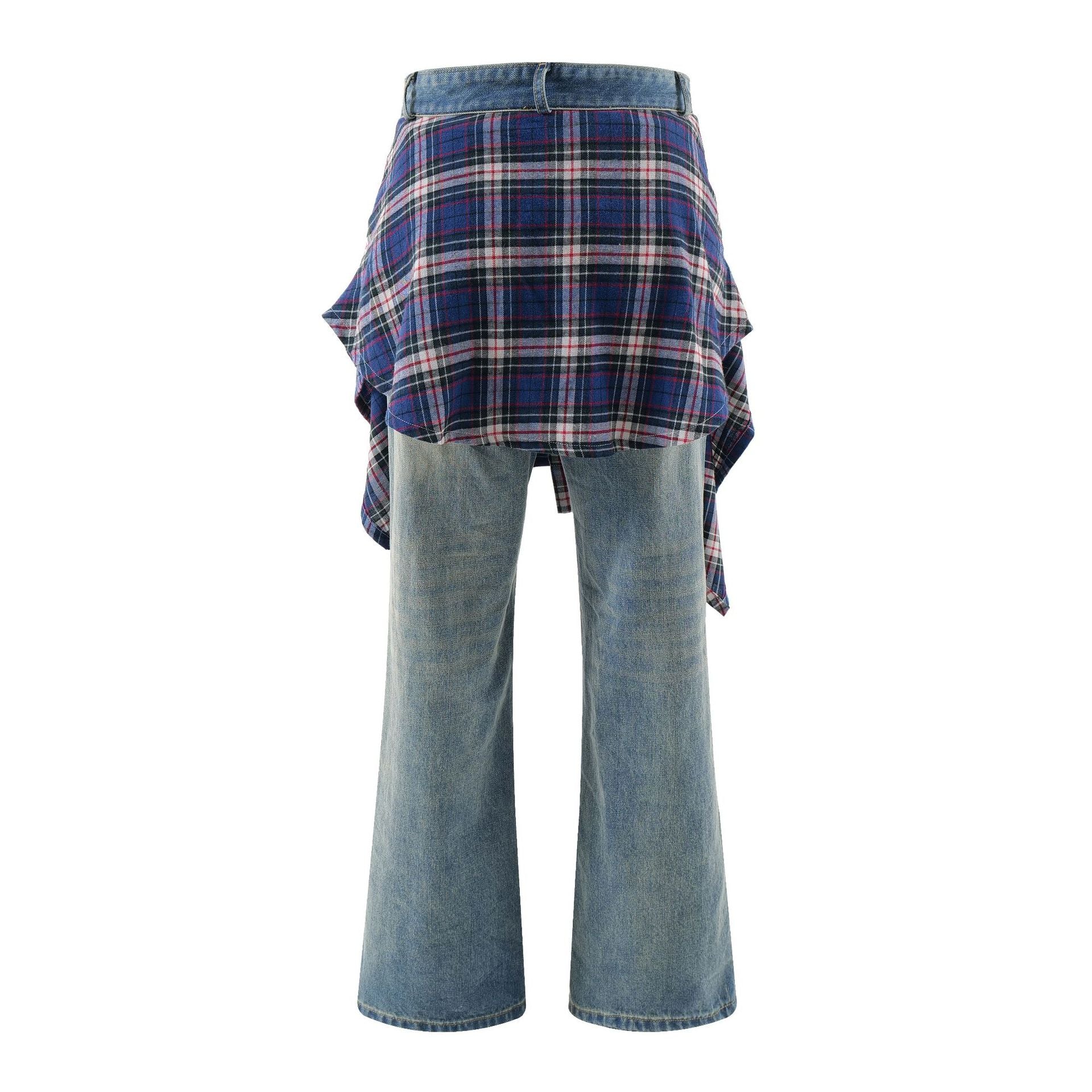 Zwoyren Plaid Overlay Denim Flare Pants