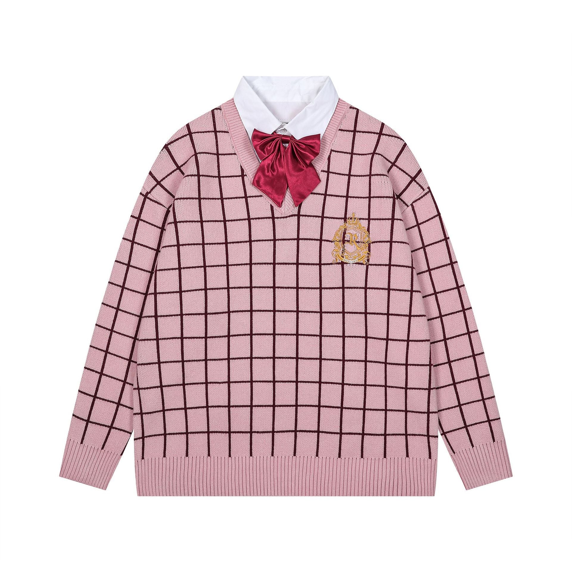 Zwoyren Plaid Pink Sweater and Bow Shirt