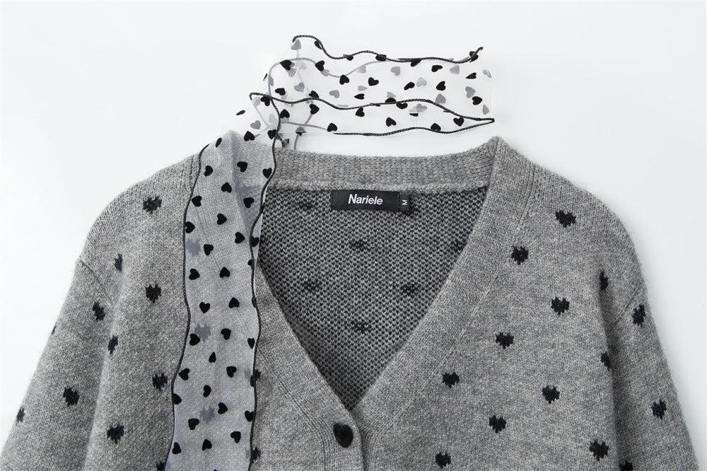 Zwoyren Heart Polka Dot Ribbon Cardigan