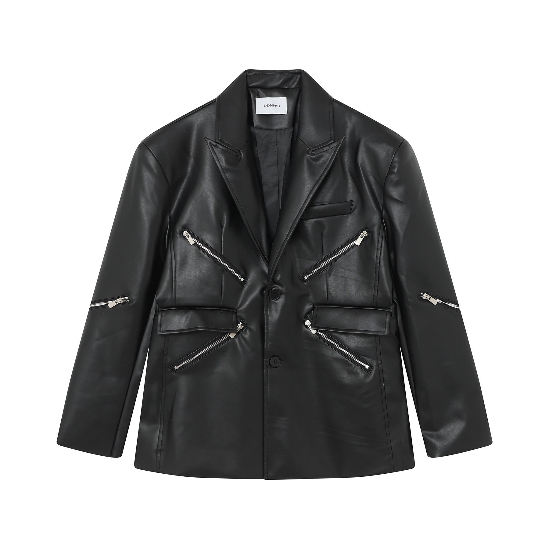 Zwoyren Zipper-Embellished Leather Blazer Jacket