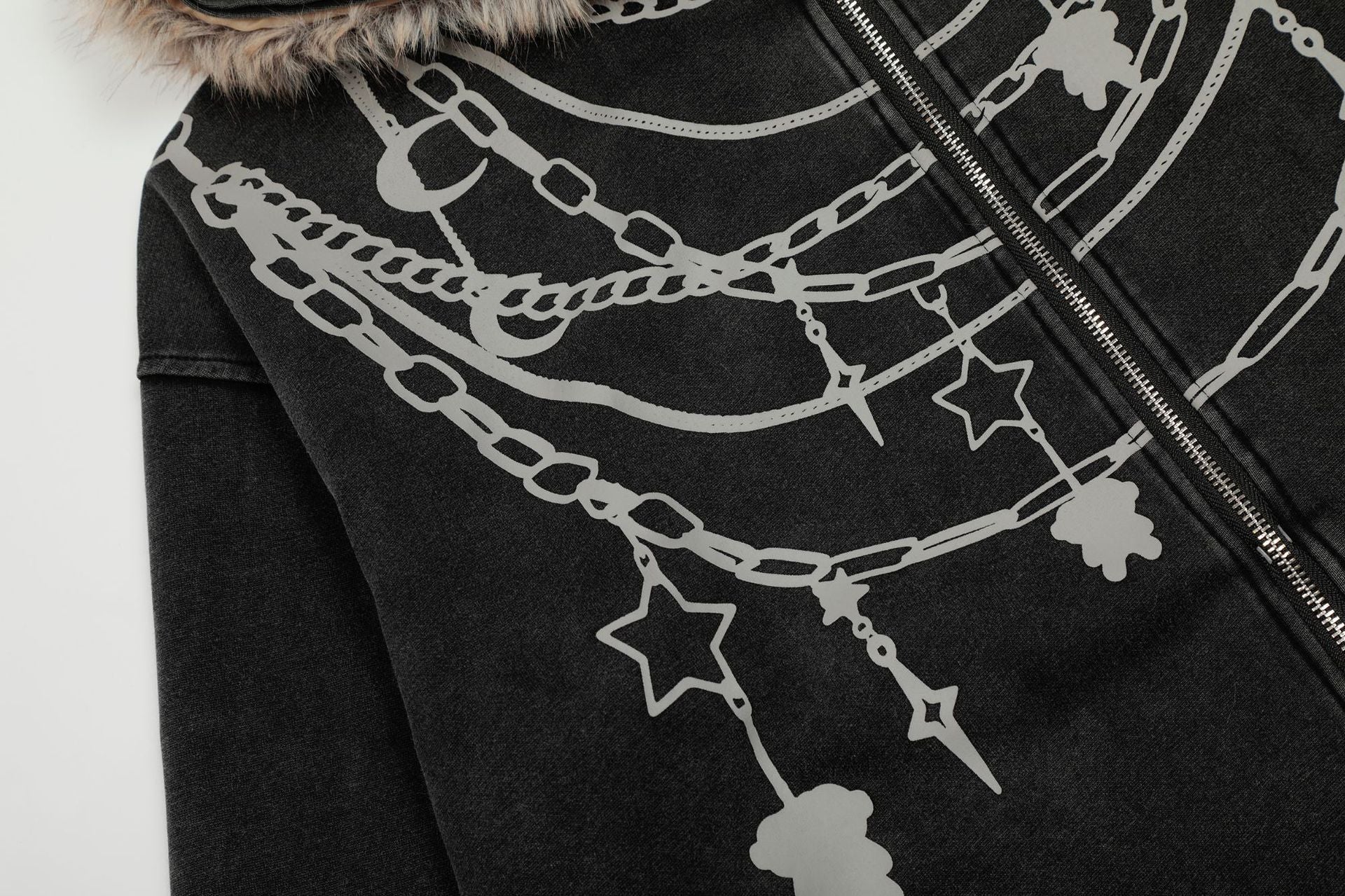 Zwoyren Chain Print Fur Collar Zip Up Hoodie