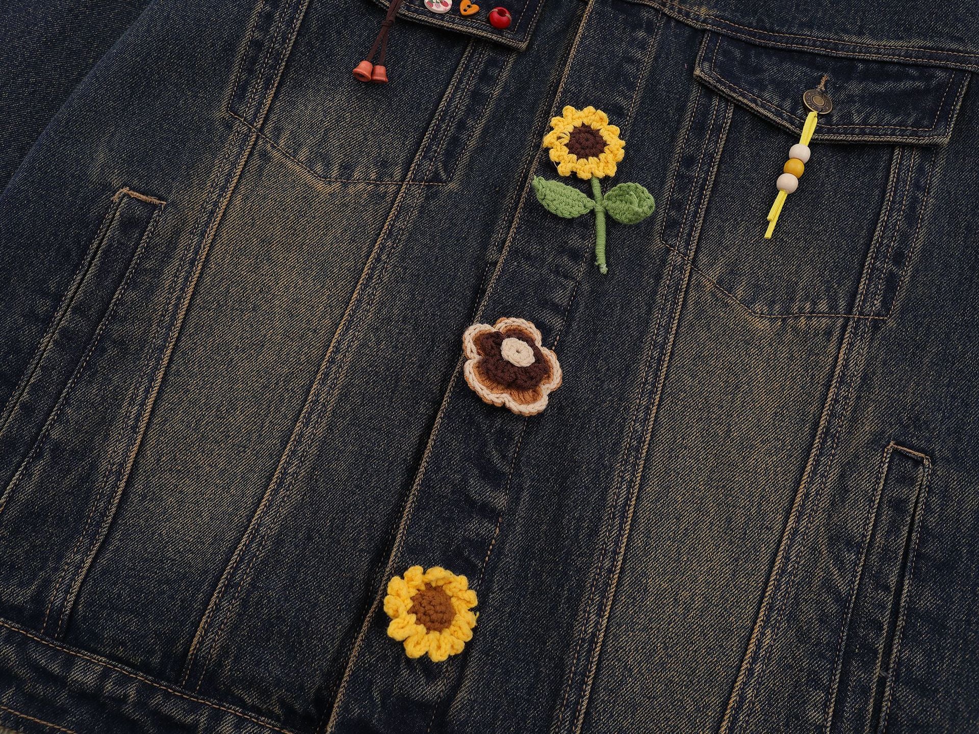Zwoyren Crochet Floral Washed Denim Jacket