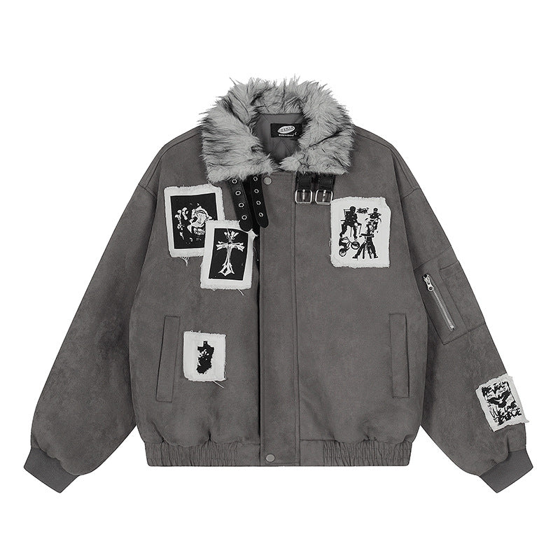 Faux Fur Collar Patchwork Embroidered Quilted Jacket