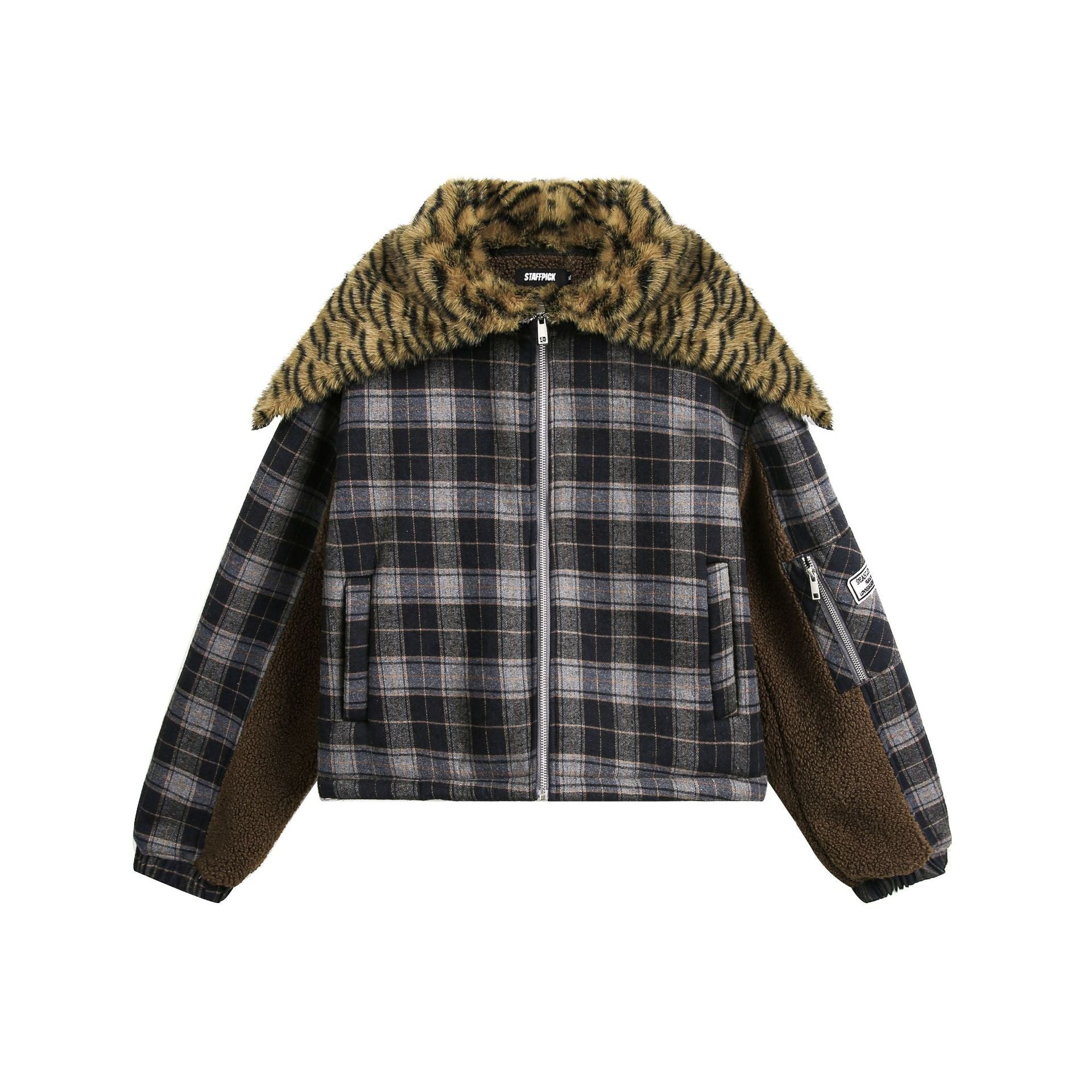 Zwoyren Zip-Up Hooded Leopard Lined Plaid Jacket