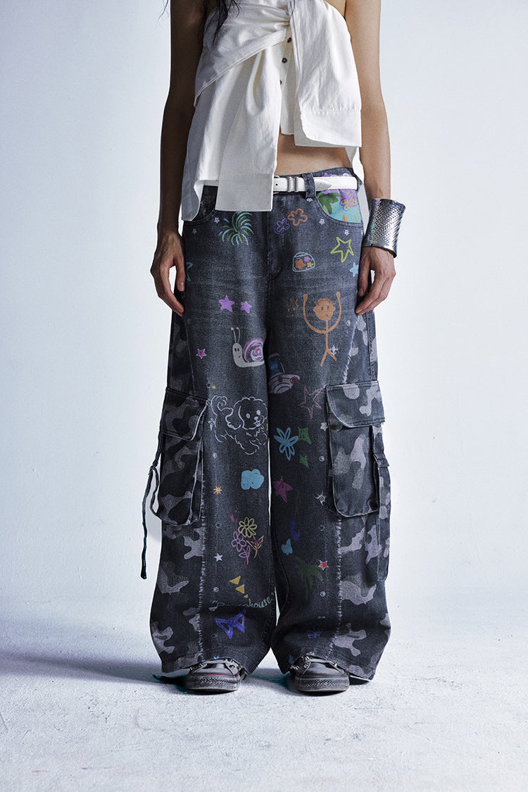 Zwoyren Graffiti Print Camouflage Layered Cargo Jeans