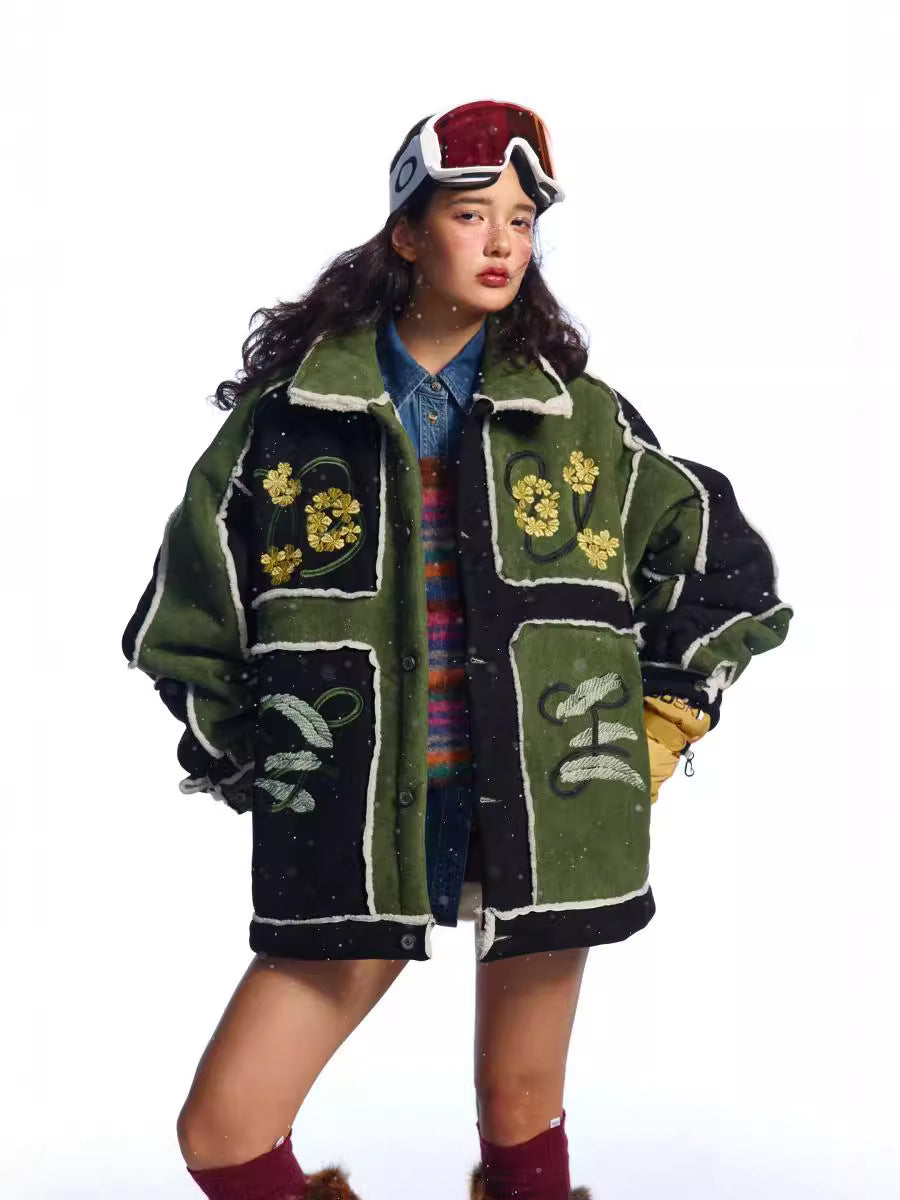 Zwoyren Color Blocking Embroidery Flower Coat