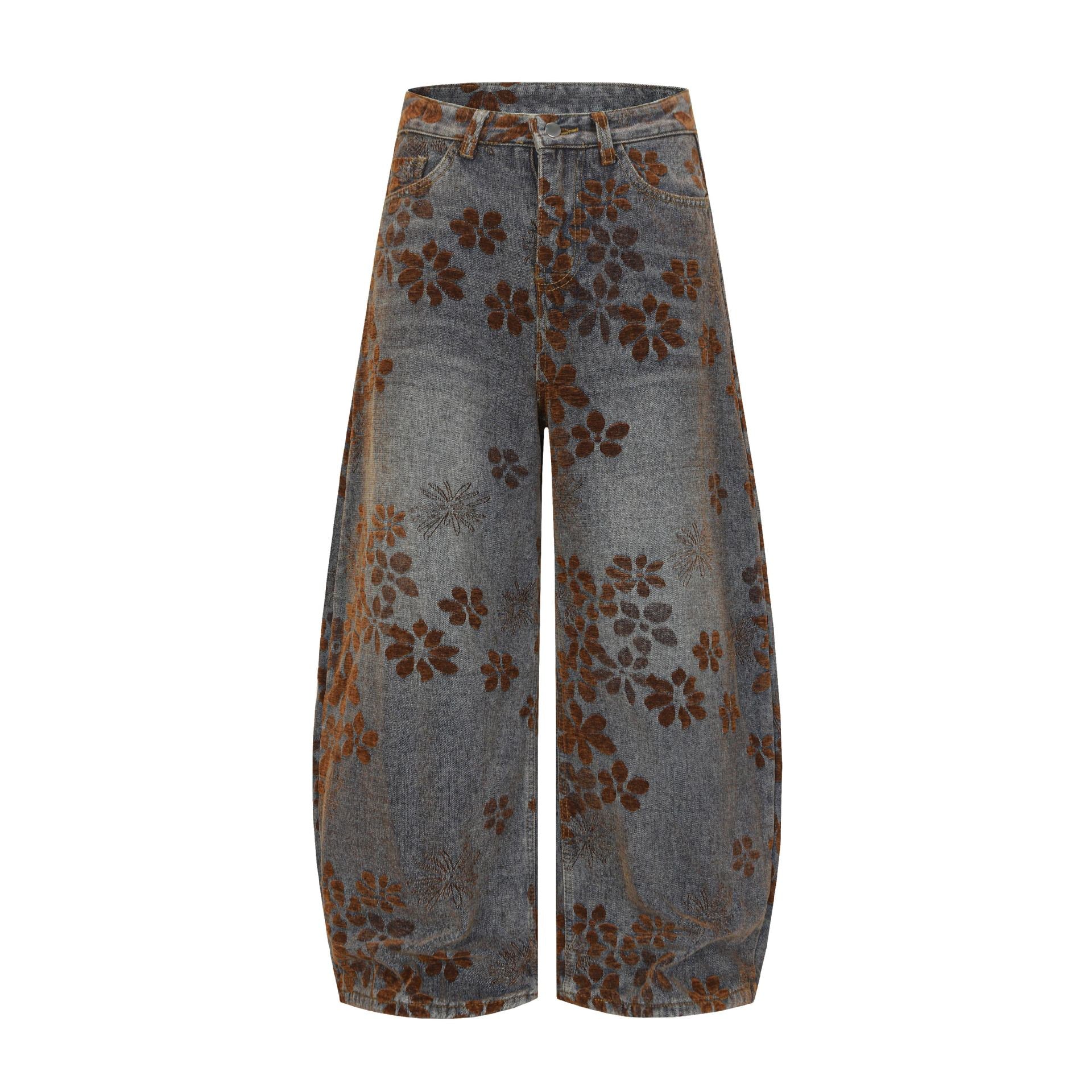 Zwoyren Floral Flocked Wide-Leg Baggy Jeans