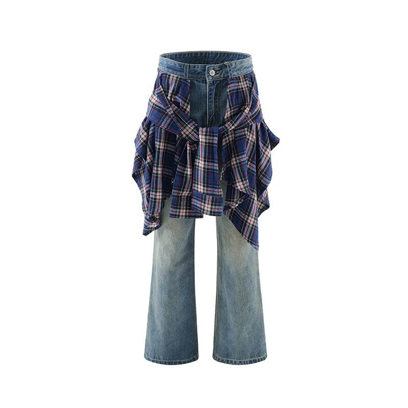 Zwoyren Plaid Overlay Denim Flare Pants