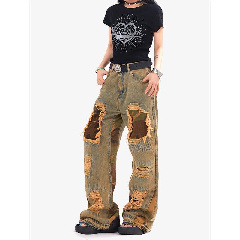 Zwoyren Camouflage Patchwork Distressed Jeans