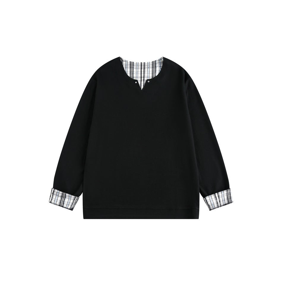 Zwoyren Plaid-Lined V-Neck Sweatshirt