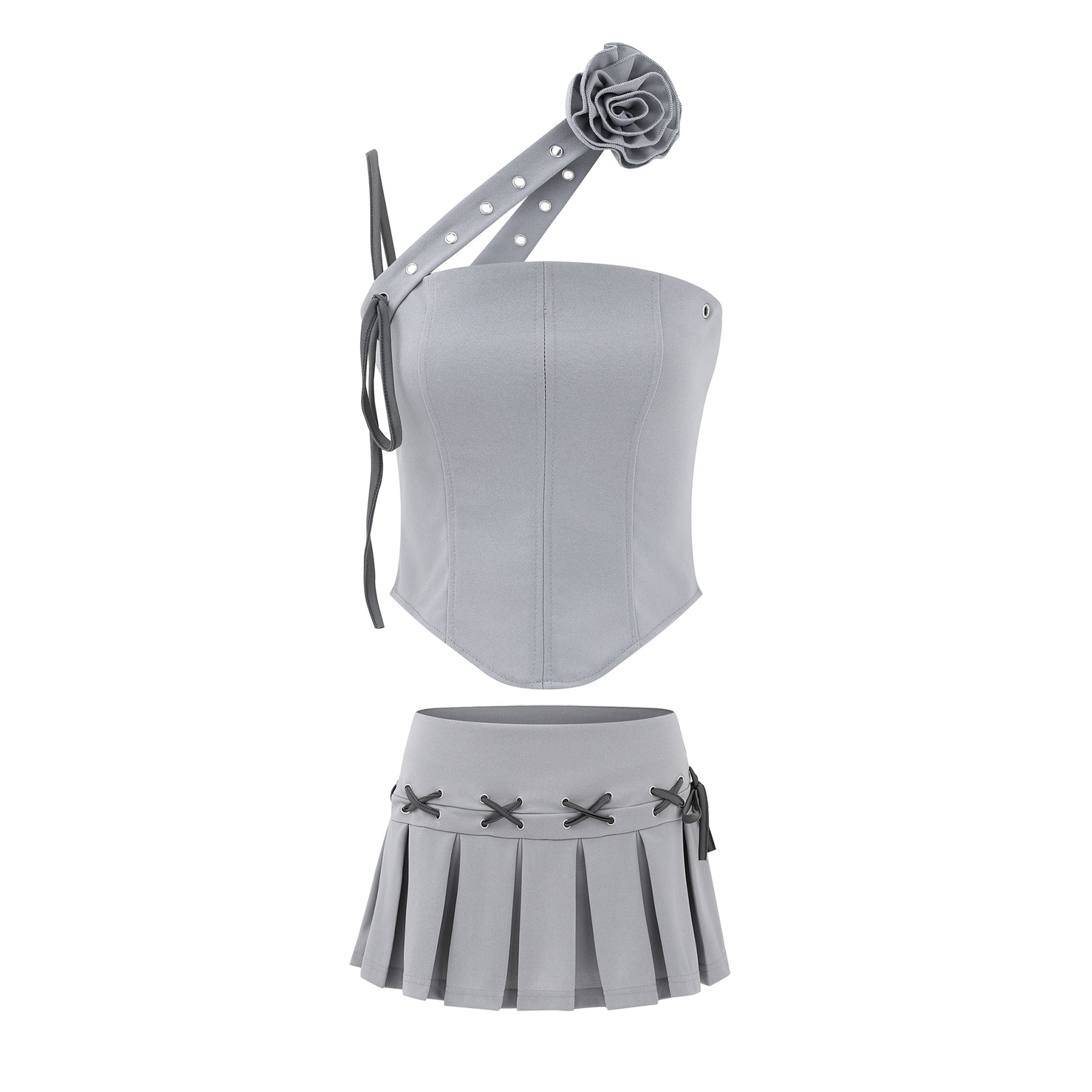 Zwoyren Rose One-Shoulder Corset & Pleated Skirt Set