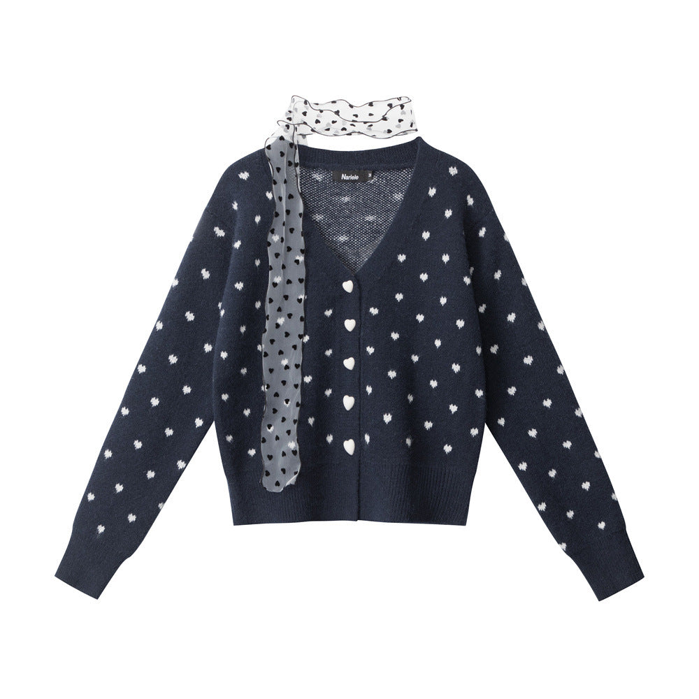 Zwoyren Heart Polka Dot Ribbon Cardigan