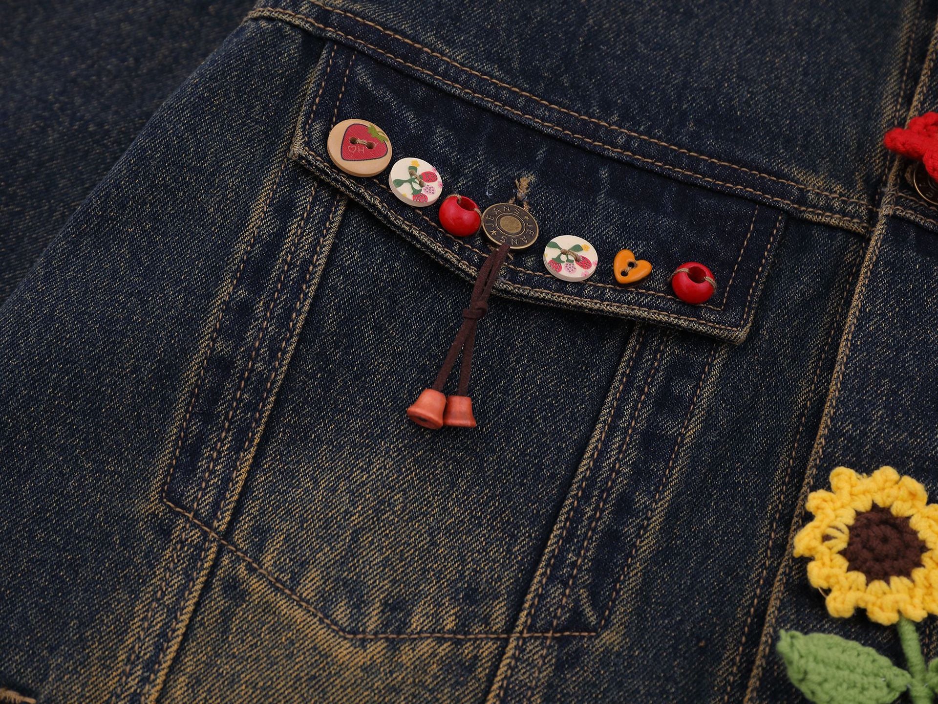 Zwoyren Crochet Floral Washed Denim Jacket