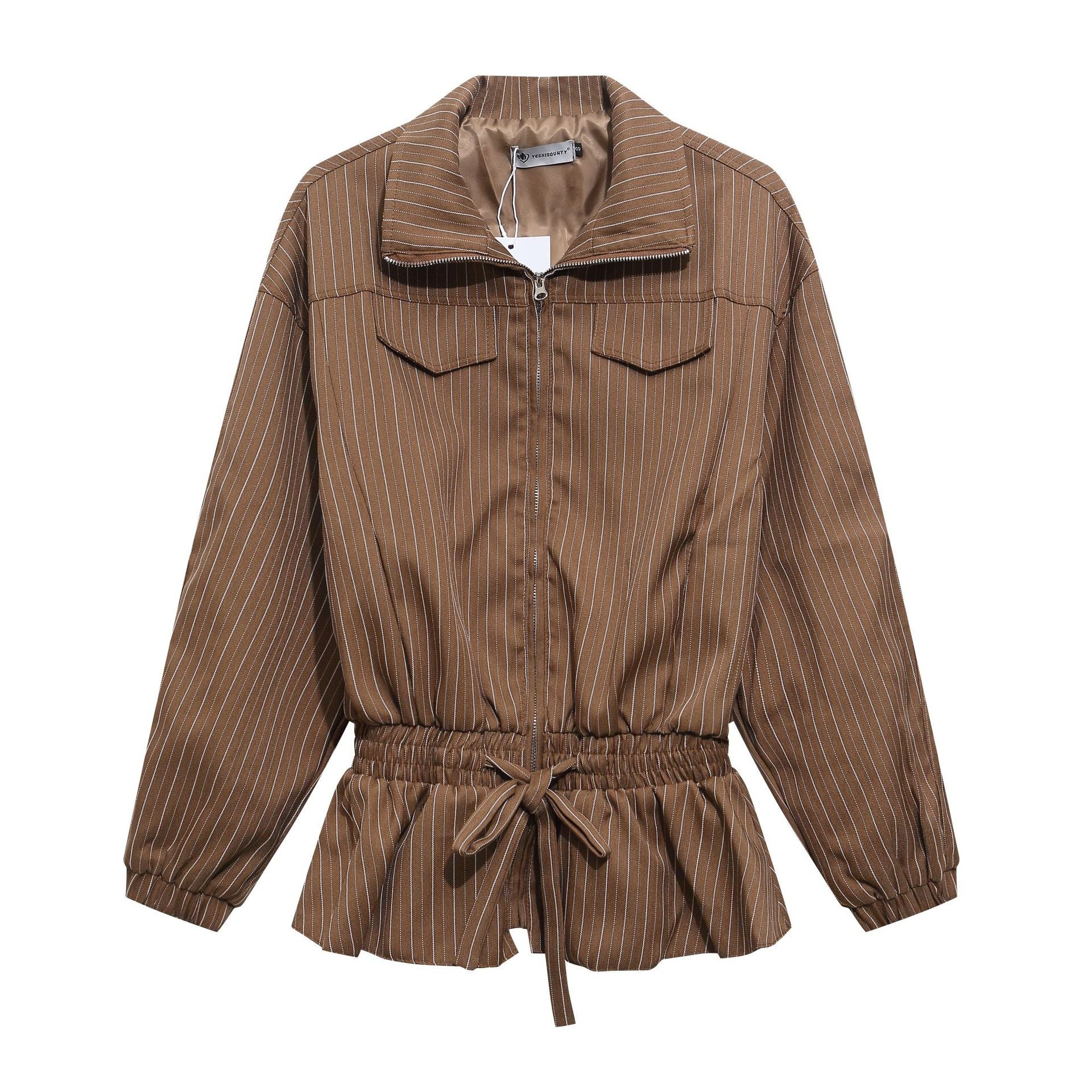 Melard Lapel Striped Waist Drawstring Zipper Jacket