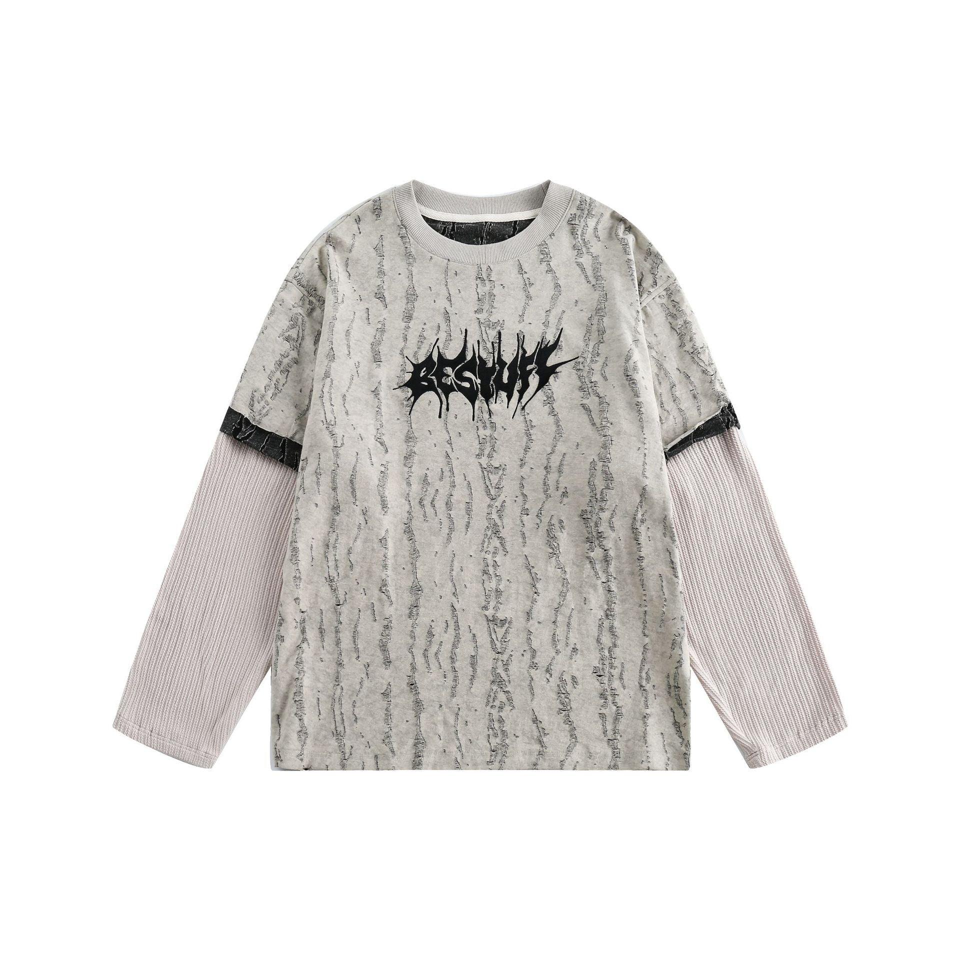 Fake Two-piece Distressed Textured Woolen T-shirt