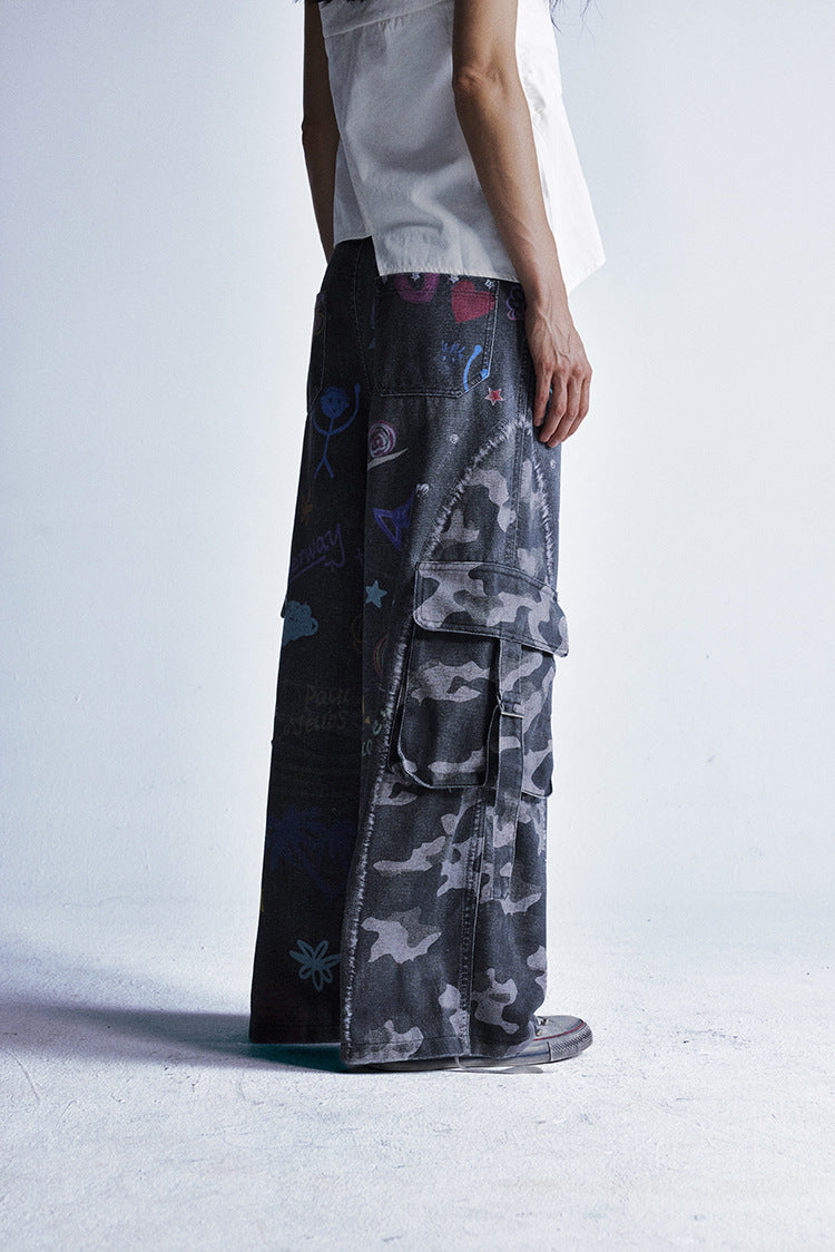 Zwoyren Graffiti Print Camouflage Layered Cargo Jeans