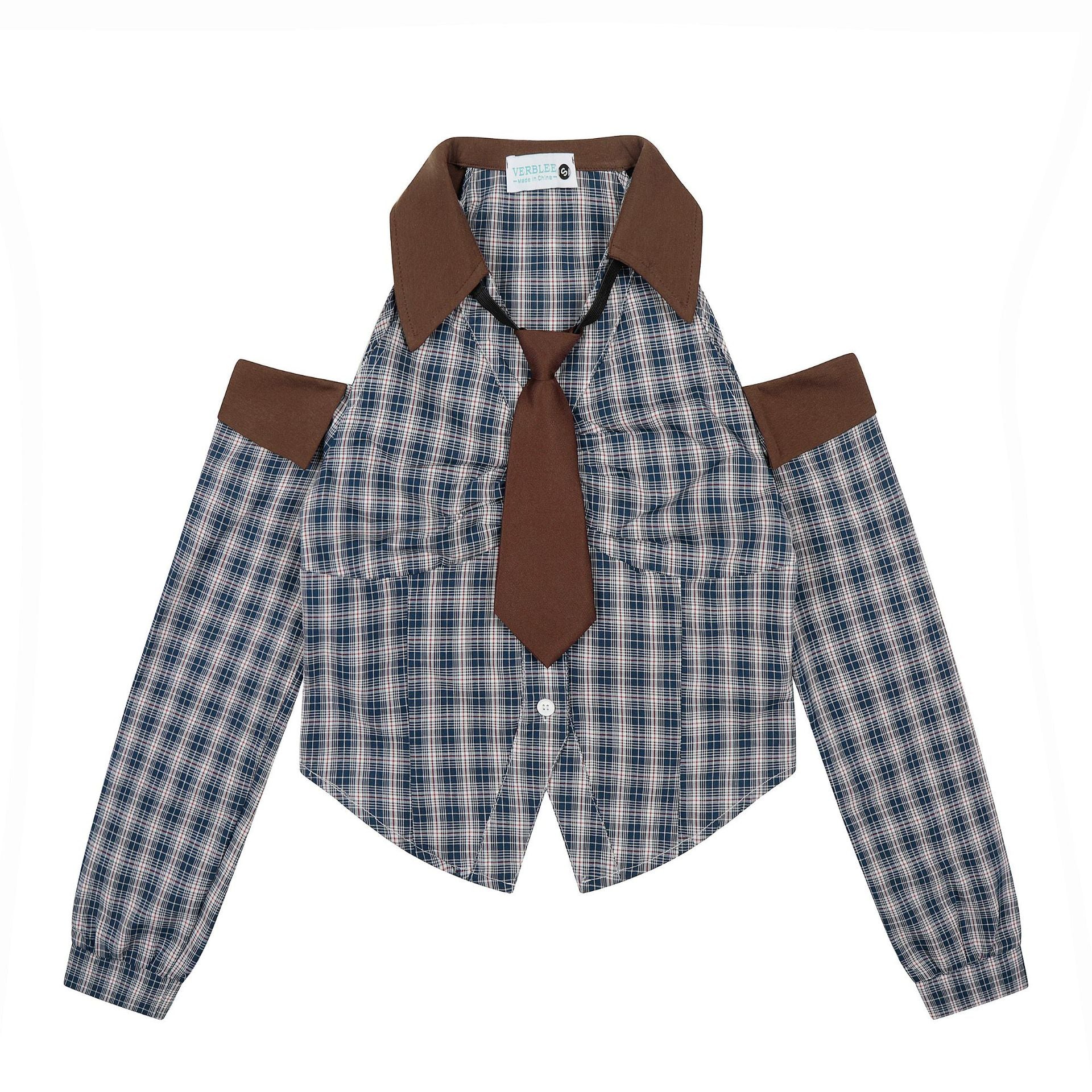 Zwoyren Plaid Tie Cropped Long Sleeve Shirt