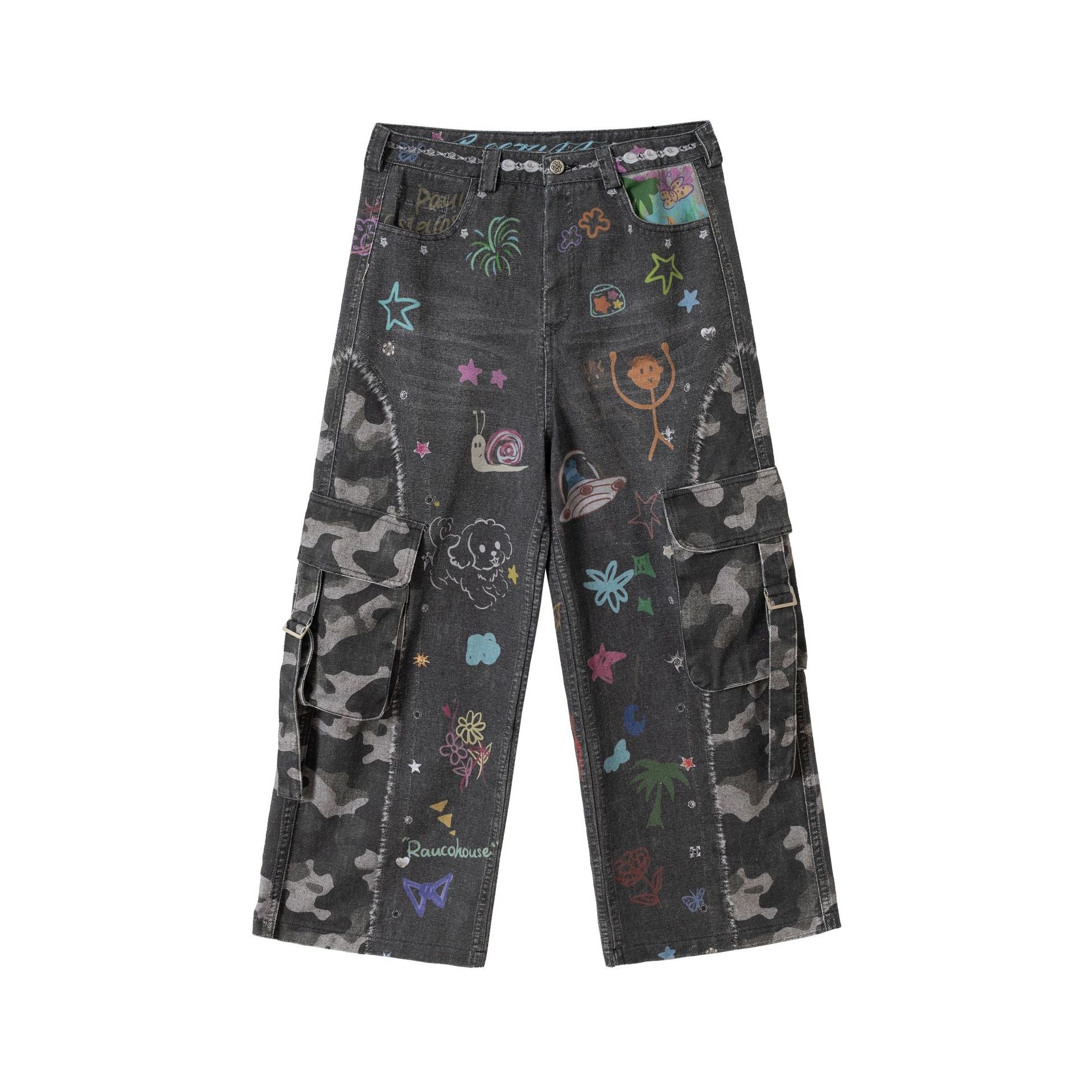Zwoyren Graffiti Print Camouflage Layered Cargo Jeans