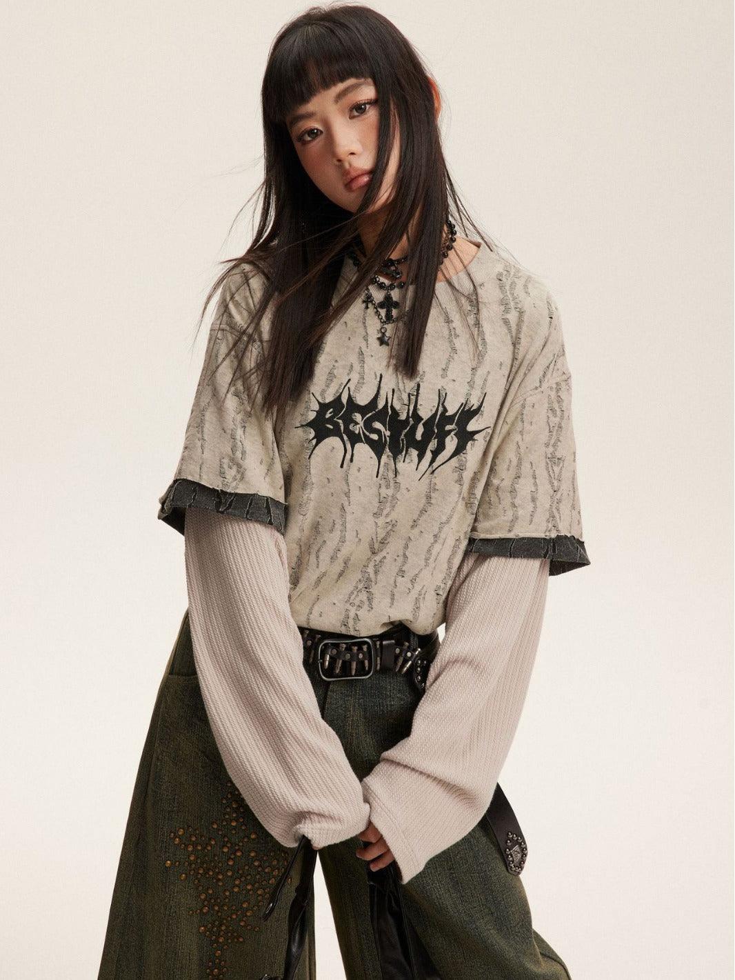 Fake Two-piece Distressed Textured Woolen T-shirt