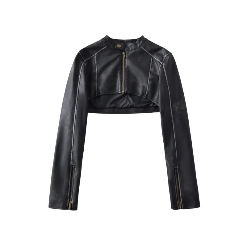 Zwoyren Washed Cropped Faux Leather Jacket