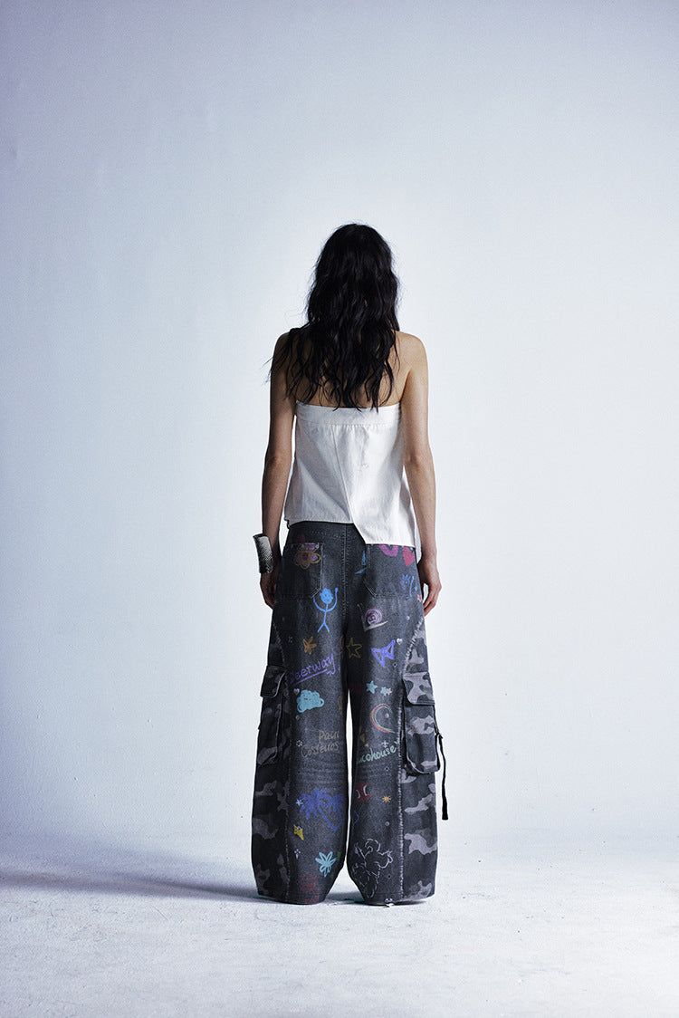 Zwoyren Graffiti Print Camouflage Layered Cargo Jeans