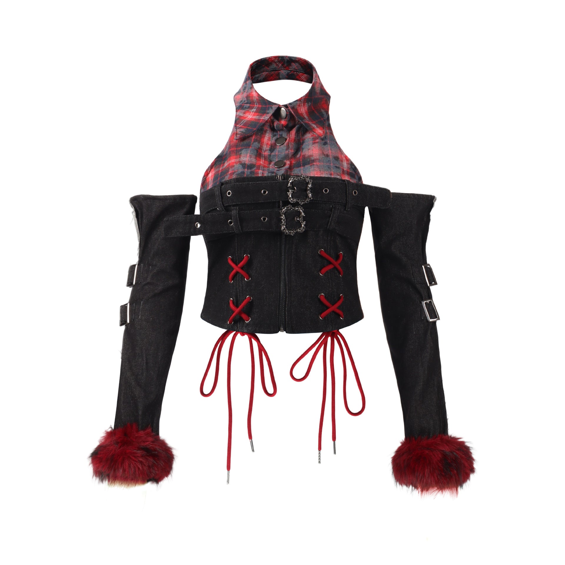 Zwoyren Lace-Up Plaid Crop Top