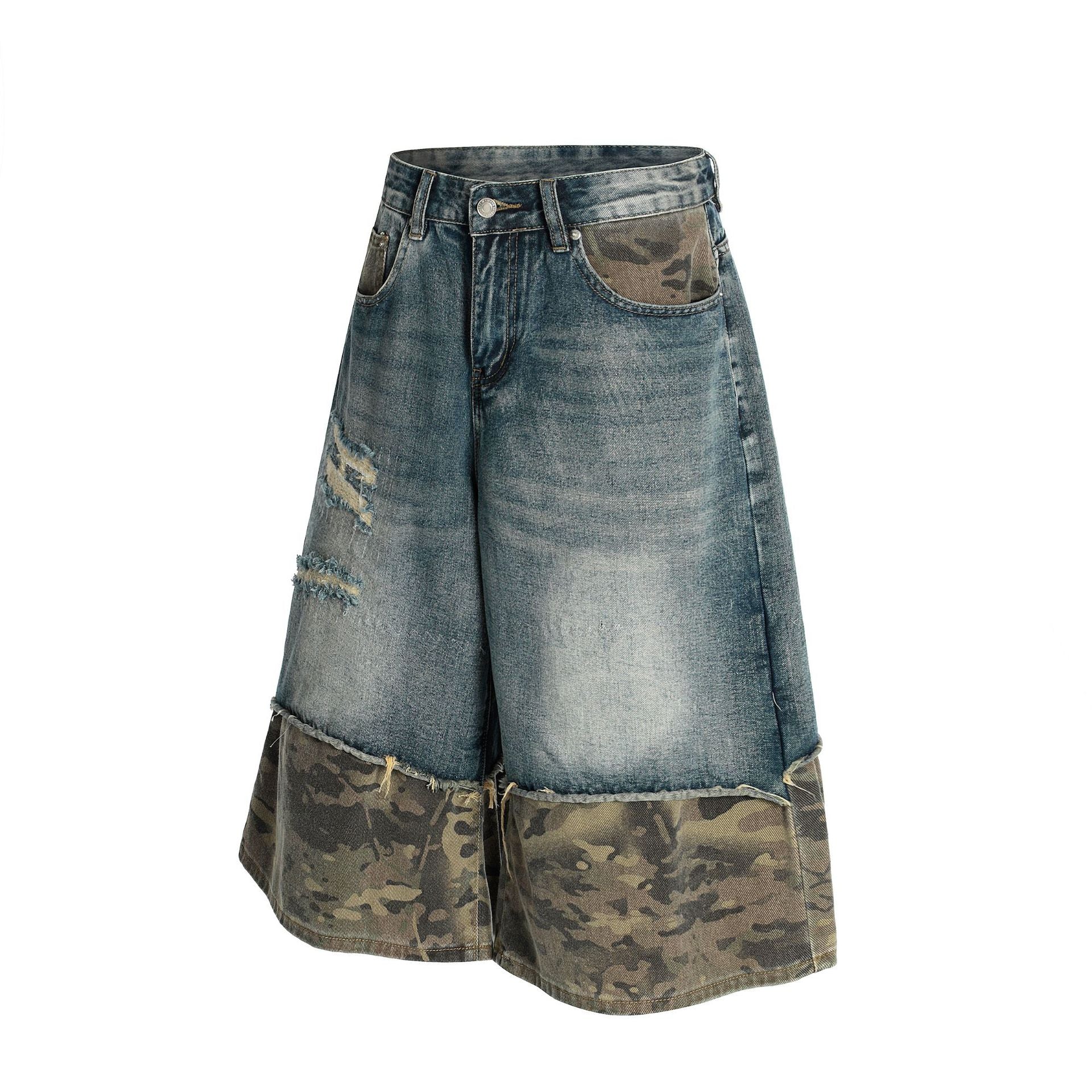 Zwoyren Distressed Camo Patchwork Denim Shorts
