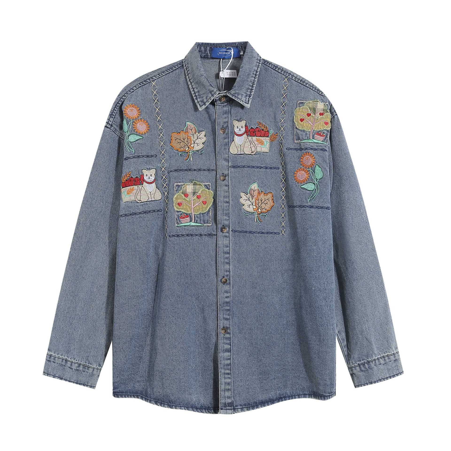 Zwoyren Cartoon Embroidery Denim Long Sleeve Shirt