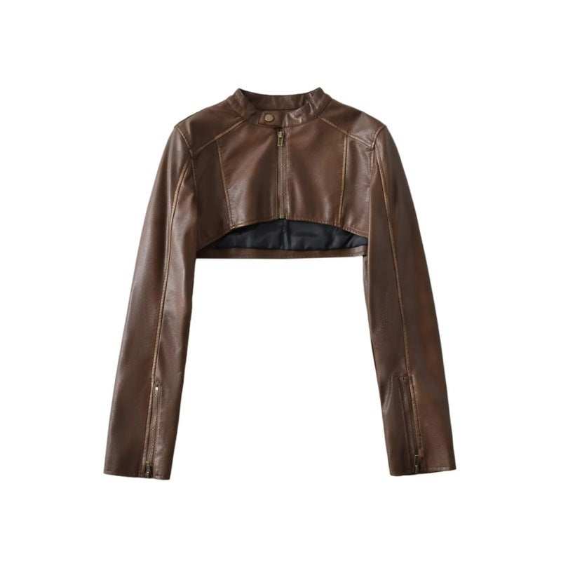 Zwoyren Washed Cropped Faux Leather Jacket